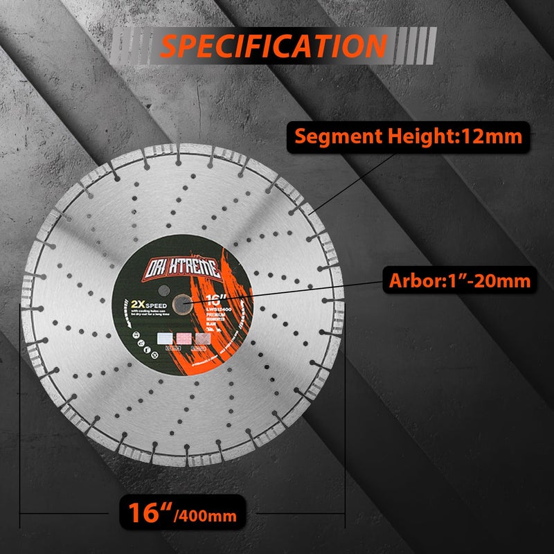 ORIXTREME 16 Inch Laser Welded Diamond Concrete Saw Blade, Combined Segmented General Purpose Blade Dry/Wet Cutting Concrete, Reinforced Concrete, Masonry, Brick, Block,1"-20mm Arbor - Image 2